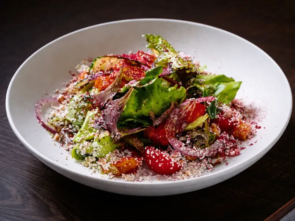 Salată Panzanella cu ardei copt, brânză de oi și avocado